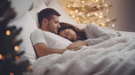 Family sleeping together on bed Morning - Light white bedding. Christmas wreath a comfortable and cocooning room. Red , gold and white Christmas tree and gifts at its base. Soft light. family spirit, cocooning moment, Christmas morning. sleep. high detail v5.2 --ar 16:9