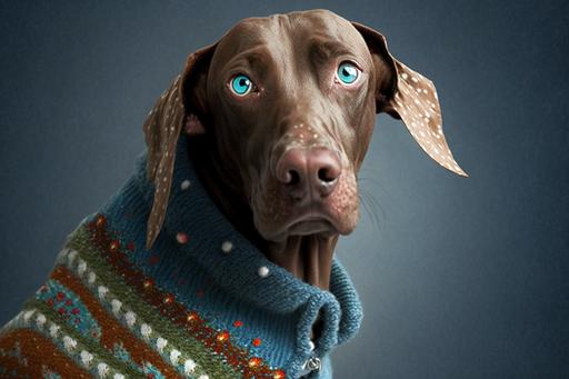 confused dog wearing the world's ugliest dog sweater --ar 3:2 --ar 16:9