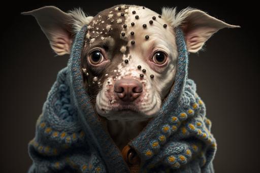 confused dog wearing the world's ugliest dog sweater --ar 3:2 --ar 16:9