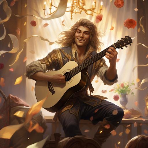 Fantacy bard, powerful lute with magic gems glowing, flowing blong hair, white eyes, simple brown and beige cloths, attractive confident male, dancing atop a table and playing music in the middle of a party