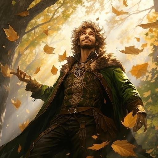 Fantasy Art, male druid, leather, leaves coat, flying wasps, happy, forest, big oak,