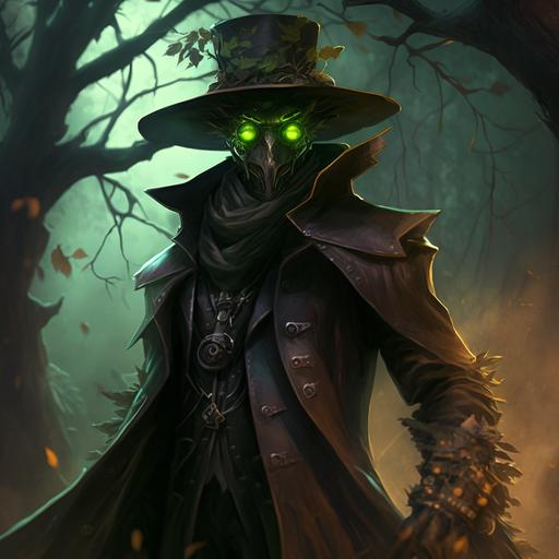 Fantasy Art style, ancient wisdom, wooden machine, tree Golem, male humanoid maid from wood and steel, master craftsman, wearing a leather trench coat duster, wide brimmed black hat, big dark glasses covering glowing green eyes, go go gadget, high definition, realistic