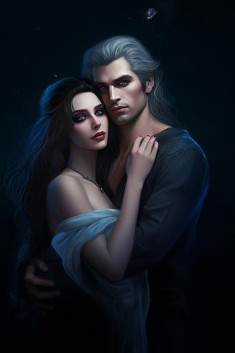 Fantasy art, couple in love, prince, bossy man with blue eyes, long sleek hair, handsome bossy devil man, cruel smile, blue eyes, holds beautiful young woman in his arms, hugs neck, kisses, hugs, full body, 8k, wallpaper, hd, drawing, hyperrealistic, couple, realistic, hugs, kisses, --ar 2:3 --v 5