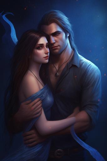 Fantasy art, couple in love, prince, bossy man with blue eyes, long sleek hair, handsome bossy devil man, cruel smile, blue eyes, holds beautiful young woman in his arms, hugs neck, kisses, hugs, full body, 8k, wallpaper, hd, drawing, hyperrealistic, couple, realistic, hugs, kisses, --ar 2:3 --v 5