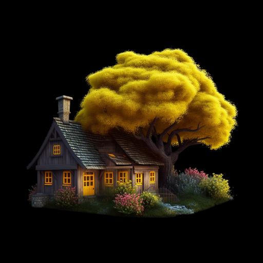 Fantasy cottage with a flowering bush and a yellow tree on a grass tile, black background, high definition --v 5