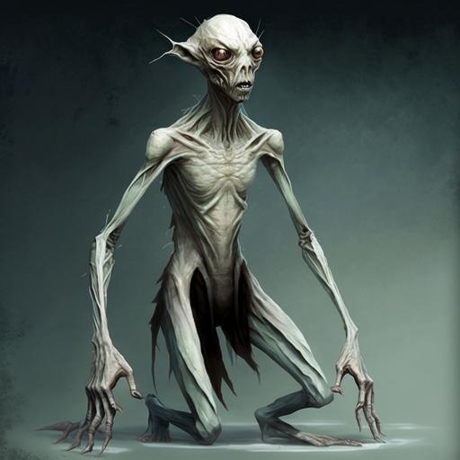Fantasy creature with long human limbs, white-greyish skin, big dark rather slit eyes and frog-like feet - with very slight resemblance to Voldemort --q 2