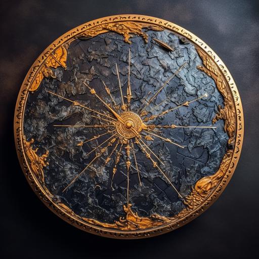 Fantasy, dark,wooden, dwarven shield with a constellation map on front, a broken gold wedding ring is hammered into the surface, silver pins and accents, battle worn, ice covered