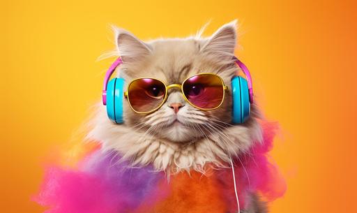 Fantasy happy cat character in colorful fur coat, wearing gold sunglasses, headphones wearing and Looking straight pastel background --ar 5:3