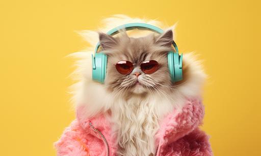 Fantasy happy cat character in fur coat, gold sunglasses, headphones wearing and Looking straight colorful pastel background with full body --ar 5:3
