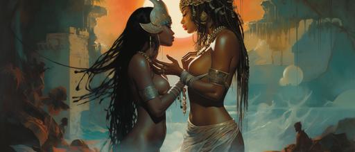 Fantasy illustration In style of Frank Frazetta. Ximeria and Valeria priestess of Afrodite goddess of love performing ritual of sensuality and love. --ar 21:9 --v 5.2