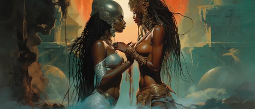 Fantasy illustration In style of Frank Frazetta. Ximeria and Valeria priestess of Afrodite goddess of love performing ritual of sensuality and love. --ar 21:9 --v 5.2