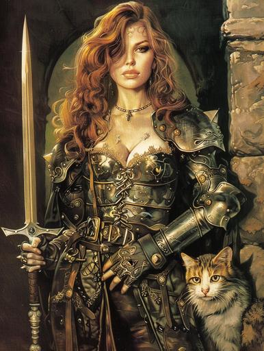 Fantasy lithograph, 1950s fantasy comic, Neanderthal cat vampire woman, beautiful female medieval knight armor, holding blade by torso, --ar 3:4