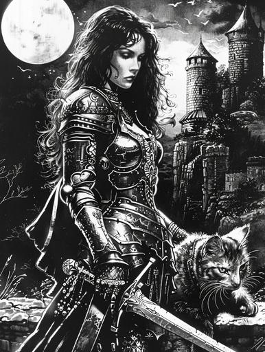 Fantasy lithograph, 1950s fantasy comic, Neanderthal cat vampire woman, beautiful female medieval knight armor, holding blade by torso, --ar 3:4 --v 6.0