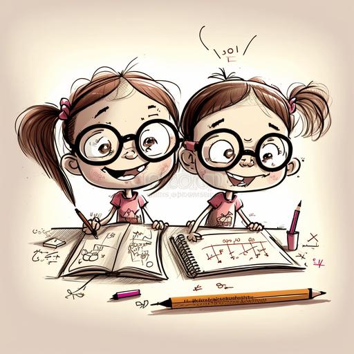 Fantasy/Cartoon. twin girls are now sitting at a desk, with big smiles on their faces and their pencils scribbling away on the paper. They have finally understood the math, and they are happily solving equations and problems with ease. Their excitement is palpable as they work together to complete the task at hand. Both have brown hair and round glasses. One have pink glasses the other one have purple glasses. They both go to first grade