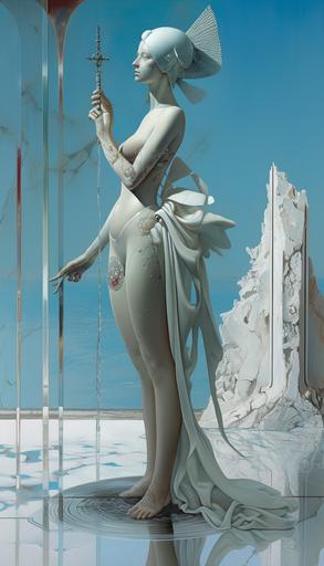 Farewell, fair maiden. I give you safe conduct into the ♾️ of our time. Oh love please do not break at my ice-cold heart - by Gertrude Goldschmid, Damien Hirst, Kay Sage, thiago valdi, Zdzisław, George Condo, grzegorz domaradzki - futuristic, obscenity, abstrusive, complex --ar 4:7 --q 2 --v 5