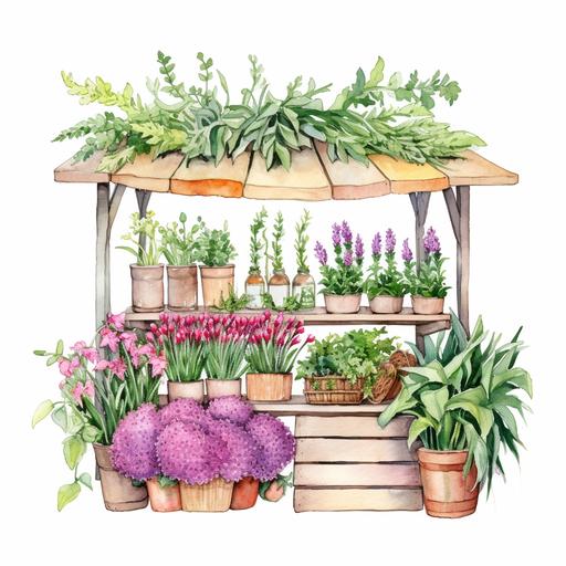 Farmers Market Herbs Stand Watercolor Clipart Herbs PNG born pink flowers Commercial Use Farm Produce Plants Graphic Design Cottagecore Illustration