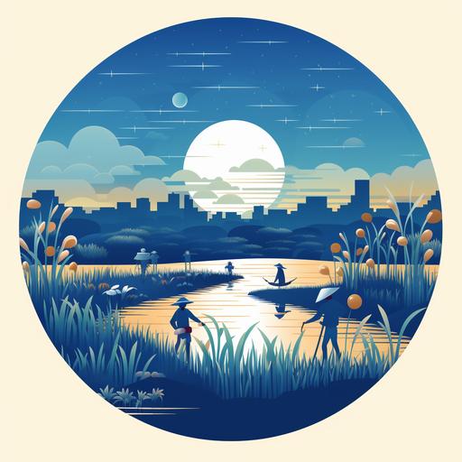 Farmers in moonlit fields celebrate the harvest and Mid-Autumn Festival. The moon's glow casts a serene ambiance over the rice paddies,Cartoon style, white background, circle in the middle