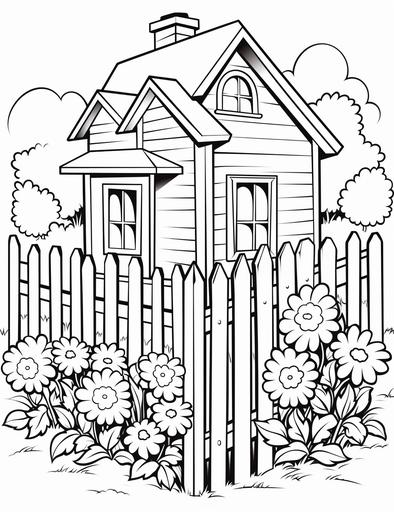 Farmhouse with a picket fence and flowers, kids coloring page, cartoon style, cute and clean line art, white background, High quality, low details, --ar 17:22