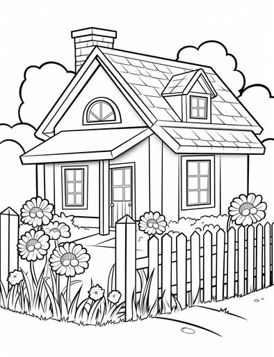 Farmhouse with a picket fence and flowers, kids coloring page, cartoon style, cute and clean line art, white background, High quality, low details, --ar 17:22