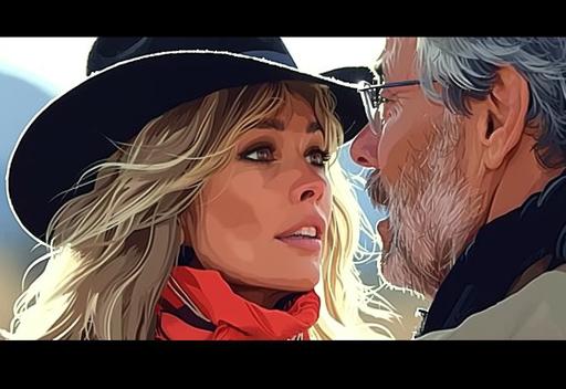 Farrah Fawcett woman is talking to a man in a cowboy outfit, in the style of outrun, celebrity and pop culture references, i can't believe how beautiful this is, dark beige and red, film/video, emphasis on facial expression, navy and bronze --ar 45:31 --c 35 --s 400 --v 6.0