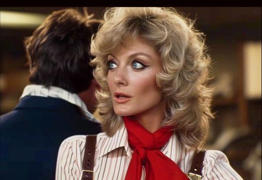 Farrah Fawcett woman is talking to a man in a cowboy outfit, in the style of outrun, celebrity and pop culture references, i can't believe how beautiful this is, dark beige and red, film/video, emphasis on facial expression, navy and bronze --ar 45:31 --c 35 --s 400 --v 6.0