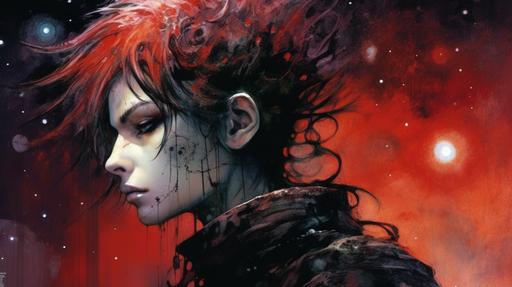 a goth guy, short anime hair, tendrils of red and black magic, colorful alien sky with planets in the background luis royo --ar 16:9 --v 5.1