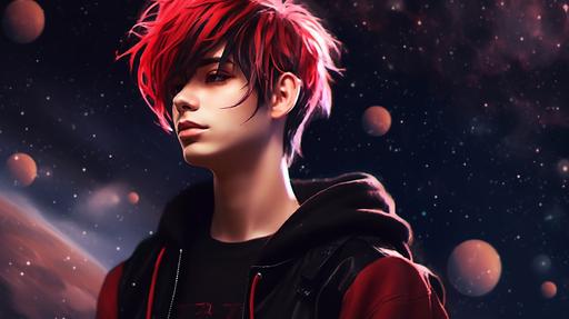 a goth guy, short anime hair, tendrils of red and black magic, colorful alien sky with planets in the background --ar 16:9 --v 5.1