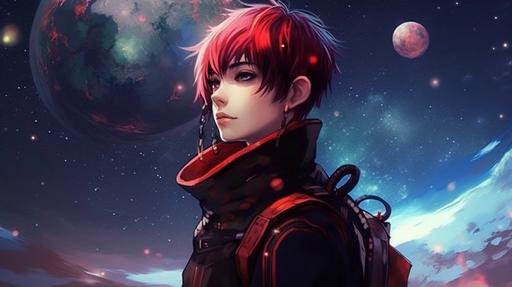 a goth guy, short anime hair, tendrils of red and black magic, colorful alien sky with planets in the background --ar 16:9 --v 5.1