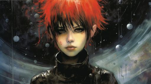 a goth guy, short anime hair, tendrils of red and black magic, colorful alien sky with planets in the background luis royo --ar 16:9 --v 5.1