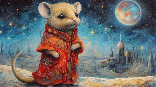 a goth quokka guy in red,black, silver, gold, cyan, standing in a star field, night, full moon, in the style of josephine wall and luis royo --ar 16:9