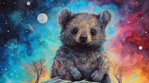 a goth quokka guy in red,black, silver, gold, cyan, standing in a star field, night, full moon, in the style of josephine wall and luis royo --ar 16:9
