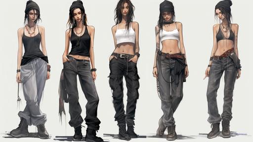 Fashion design sketch of 90s grunge. Skinny teen, female, baggy Jnco jeans, flannel shirt wrapped around the waste, black tank top t-shirt, black choker necklace, black wristbands, black hair --ar 16:9 --v 5.2