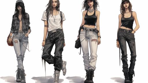 Fashion design sketch of 90s grunge. Skinny teen, female, baggy Jnco jeans, flannel shirt wrapped around the waste, black tank top t-shirt, black choker necklace, black wristbands, black hair --ar 16:9 --v 5.2