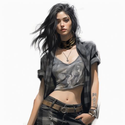 Fashion design sketch of 90s grunge. Skinny teen, female, baggy jeans, flannel shirt wrapped around the waste, black tank top t-shirt, black choker necklace, black wristbands, black hair