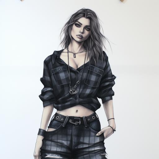 Fashion design sketch of 90s grunge. Skinny teen, female, baggy jeans, flannel shirt wrapped around the waste, black tank top t-shirt, black choker necklace, black wristbands, black hair