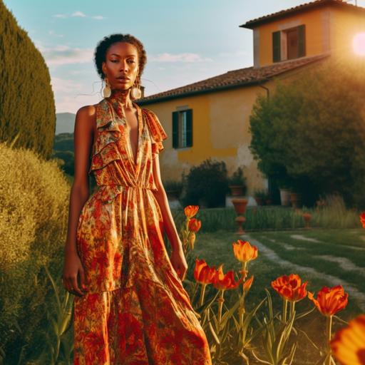 Fashion editorial shot by Aron Slims in a Tuscany villa , gorgeous female models of different races, vogue luxury resort dresses styling, bright bold color palette for clothes, accessories with tassels, insanely intricate and detailed outfit, golden hour, full body crops, unusual body crops , Tuscany countryside , shot on Sony A1 with Sony 50mm f/1.2 GM lens, natural light natural colors, film style, kodak film, film look, high resolution, insane detailed faces, cinematic , vogue fashion props , Italian countryside props