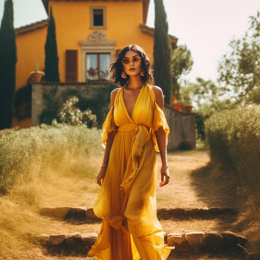 Fashion editorial shot by Aron Slims in a Tuscany villa , gorgeous female models of different races, vogue luxury resort dresses styling, bright bold color palette for clothes, accessories with tassels, insanely intricate and detailed outfit, golden hour, full body crops, unusual body crops , Tuscany countryside , shot on Sony A1 with Sony 50mm f/1.2 GM lens, natural light natural colors, film style, kodak film, film look, high resolution, insane detailed faces, cinematic , vogue fashion props , Italian countryside props