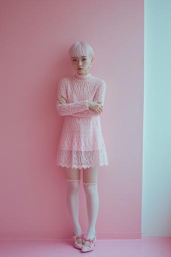 Fashion photo, skinny girl all goddess image, strong discomfort, pink dress with short skirt, arms folded, short hair, Japanese , white net tights, pink shoes, blond hair, in front of pink wall, looking at camera, standing on right edge of screen, ZEISS Supreme Shot with Prime lens, 8K --ar 2:3 --v 6.0 --style raw