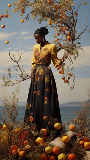 Fashion photography image depicting the third day of creation in the Bible, there is a distant sea in the background, with land adorned with flowers, trees, grass, Lemons, men's fashion, HQ, realistic photography, ponytail, DSRL, photo full body. photo shoot, hyperrealism, realistic skin, detailed face, fingers, feet, African model face, fashion photography, modern fashion style, Eugenio Recuenco style, --ar 9:16 --style raw