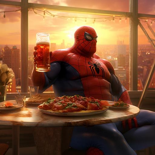 Fat Spider-Man eating pizza and drinking soft drinks in a restaurant at sunset