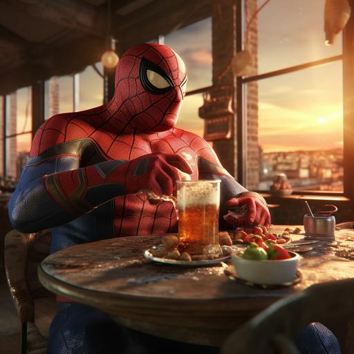 Fat Spider-Man eating pizza and drinking soft drinks in a restaurant at sunset