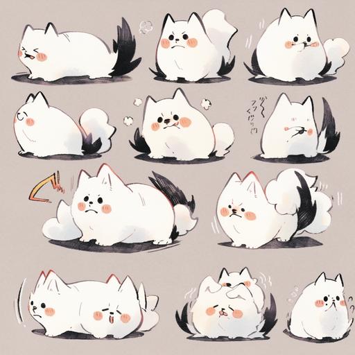 Fat and cute white dog, emoji,anthropomorphic style, Disney style, black strokes, different emotions,multiple poss and expressions,8k --niji 5 --style cute