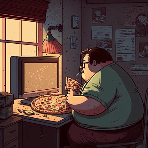 Fat cartoon guy eating pizza at a desk while looking at a monitor in dirty room.