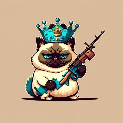 Fat siamese cat with big crown on his head, machine gun in his hand, Vector illustration in flat style