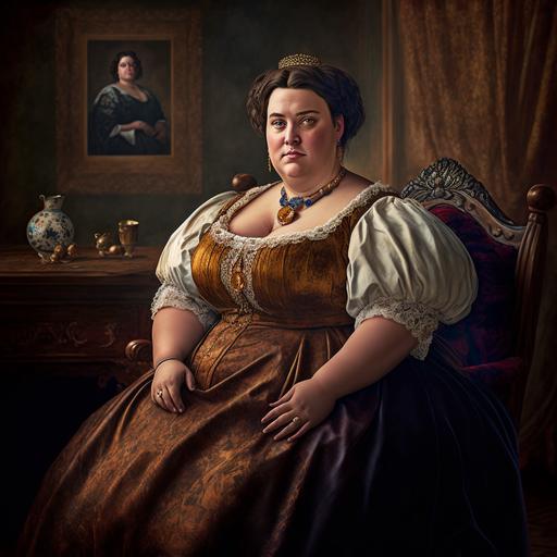 Fat woman, 50 years old, very pretty, short straight hair, brown eyes, full body view, sitting on a colonial style chair, in a room, gold earrings, renaissance style, ultra realistic image, 8k, landscape, v4