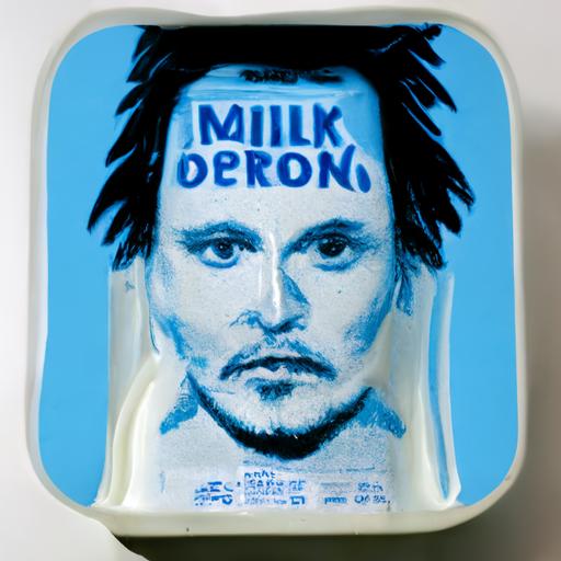 Milk carton with picture of missing person on the side: : Actor Jonny Depp image on milk carton : : Milk carton typeset words saying 