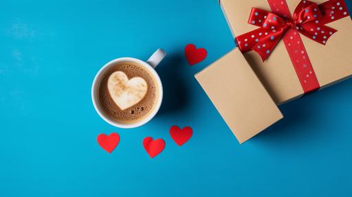 , Fathers day greeting card with coffee cup, gift box and heart shapes on blue background. Top view. Canon EOS 5D Mark IV + Canon EF 35mm F1. 4L lens and showcasing the natural colors and health benefits of the ingredients. --ar 16:9 --q 2 --c 1