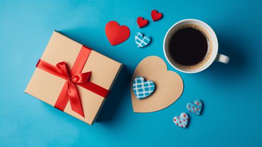 , Fathers day greeting card with coffee cup, gift box and heart shapes on blue background. Top view. Canon EOS 5D Mark IV + Canon EF 35mm F1. 4L lens and showcasing the natural colors and health benefits of the ingredients. --ar 16:9 --q 2 --c 1