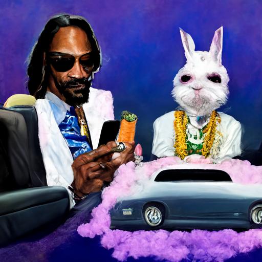 a hot bunny smoking a pound of weed with snoop dogg and dwane the rock johnson while sitting in a limousine