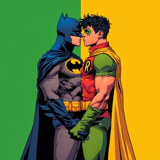 Feature a scene that blends iconic duos such as Batman and Robin, and other characters, engaging in expressive moments. The artwork should employ a bold and vibrant color palette, integrating dark yellow, light emerald, green, and employing styles reminiscent of queer academia, pop art, and the new fauves. Highlight detailed costumes and dignified poses, with a focus on distinctive noses and uniformly staged images to create a sense of harmony and composition. The aesthetic should draw inspiration from artists like Jay St Johnson, Brian K. Vaughan, Ed Brubaker, Ben Wooten, and Patrick Brown, emphasizing romantic illustrations, dynamic color contrasts, and happenings. Ensure the depiction is respectful and aligns with the themes of bright and bold colors, incorporating the sensibilities of romantic pop art and dynamic storytelling in the style of the first version of the characters, all within an aspect ratio of 103:128 --sref  --niji 6